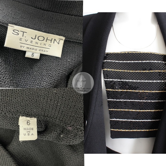 St John Evening Suit Jacket Skirt 2pc Set Embellished Knit Black Gold White Sz 6 - Picture 11 of 11
